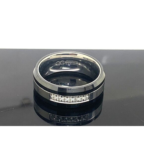 Wedding Band Stainless Steel Ceramic Cubic Zirconia 8mm Unisex Ring Size 9 - Picture 12 of 15